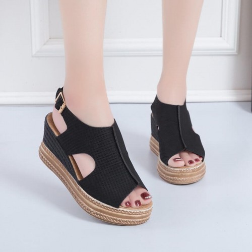 Roman Style Thick Heel Women’s Heel Sandals - Black image