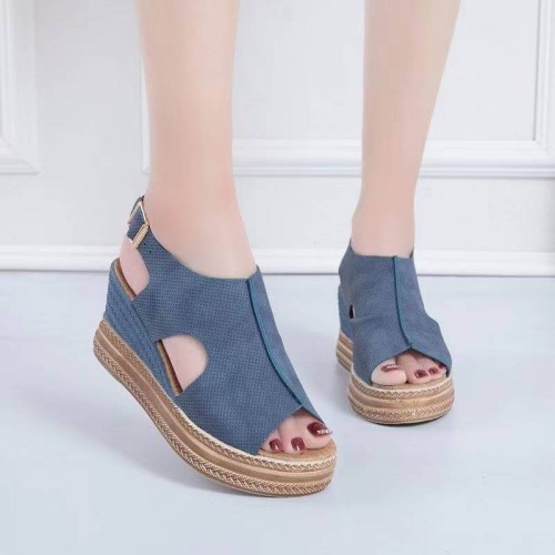 Roman Style Thick Heel Women’s Heel Sandals - Blue image
