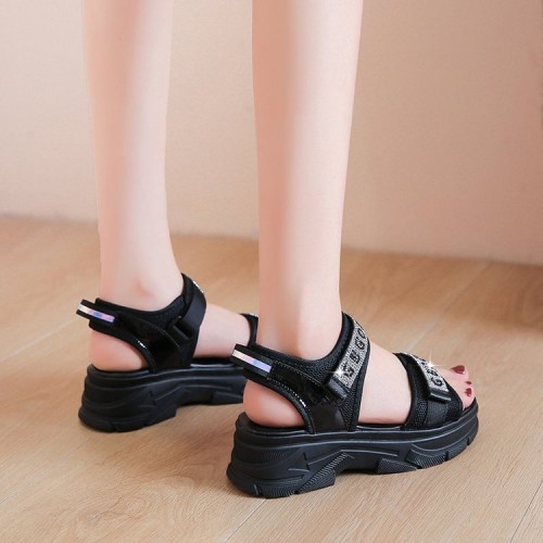 Velcro Closing Thick Soled Wedge Sports Sandals - Black | Image
