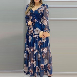 Floral Print Lantern Sleeve Women’s Fashion Maxi Dress - Blue