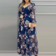 Floral Print Lantern Sleeve Women’s Fashion Maxi Dress - Blue image