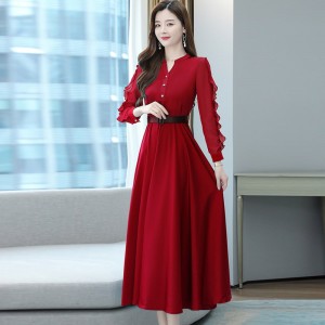 Elegant Long Sleeved Maxi Dress With Belt for Ladies- Red
