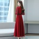 Elegant Long Sleeved Maxi Dress With Belt for Ladies- Red | image