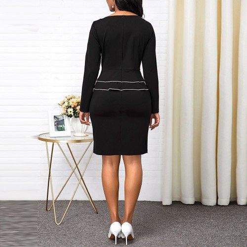 Women’s Classic Long Sleeve Peplum Midi Dress - Black image