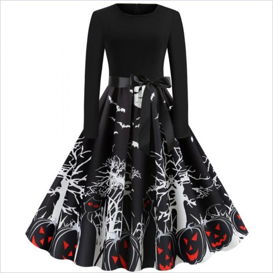Classic Printed Women’s Long Sleeved Swing Midi Dress - Black image