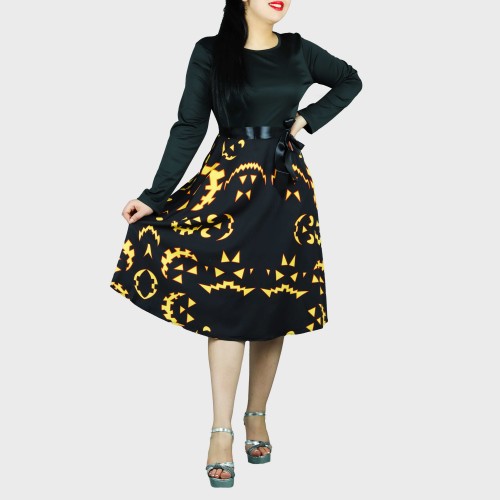 Stylish Printed Long Sleeved Midi Dress for Women - Black image