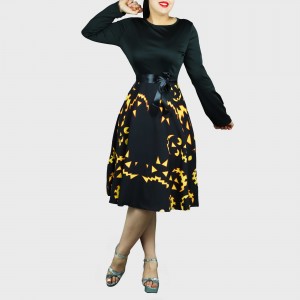Stylish Printed Long Sleeved Midi Dress for Women - Black