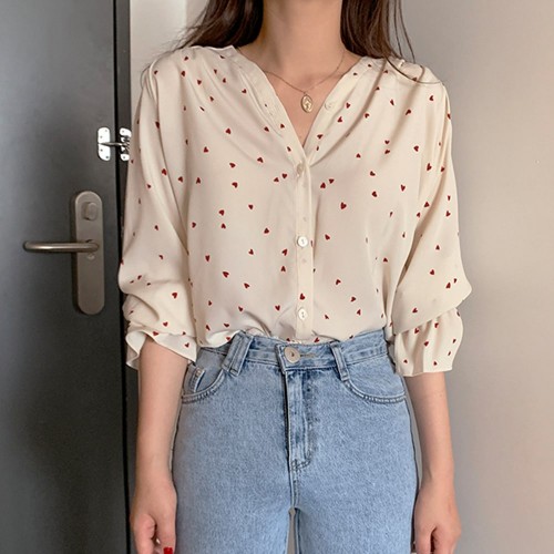 Elegant Style Hearts Printed Chic Loose Blouse - White image