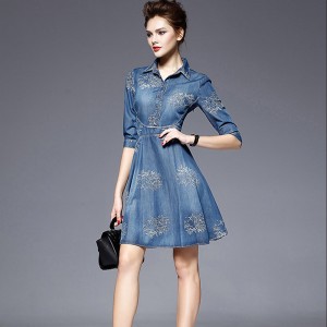 Elegant Embroidered Vintage Denim Dress for Women - Blue