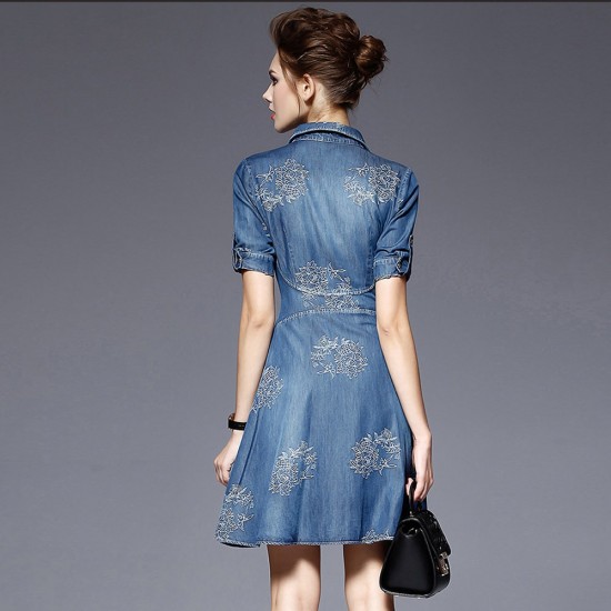 Elegant Embroidered Vintage Denim Dress for Women - Blue image