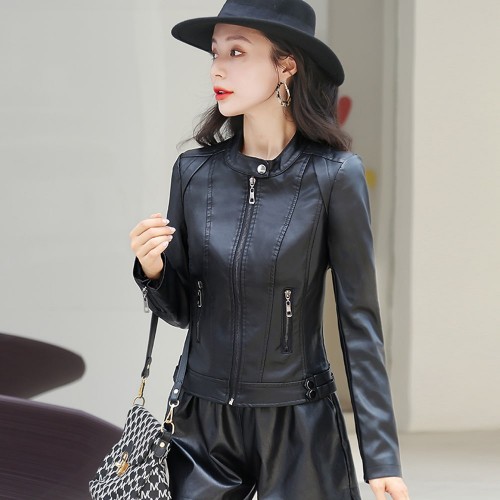 Women’s Elegant Zipper Closure Short Leather Jacket- Black image