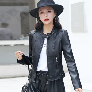 Women’s Elegant Zipper Closure Short Leather Jacket- Black