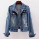 Casual Style Ripped Buttoned Denim Jacket for Ladies - Blue image