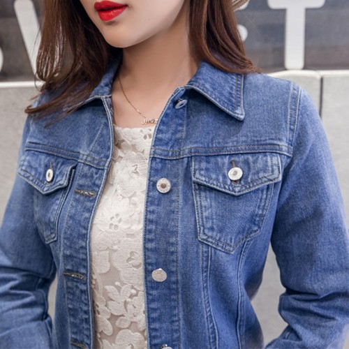 Women’s Button Down Short Fitted Denim Jacket - Blue image
