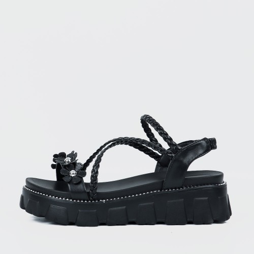 Flower Decorated Braided Belted Sandals for Ladies - Black image