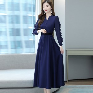 Elegant Long Sleeved Maxi Dress With Belt for Ladies- Blue