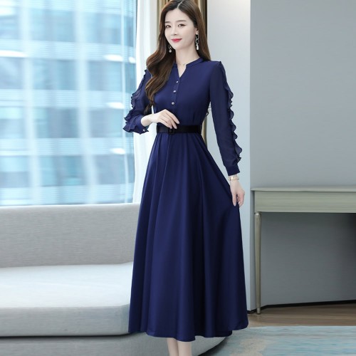 Elegant Long Sleeved Maxi Dress With Belt for Ladies- Blue image
