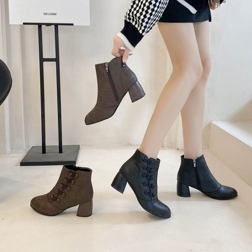 Side Zipper Closure Korean Style Boots for Women - Brown image