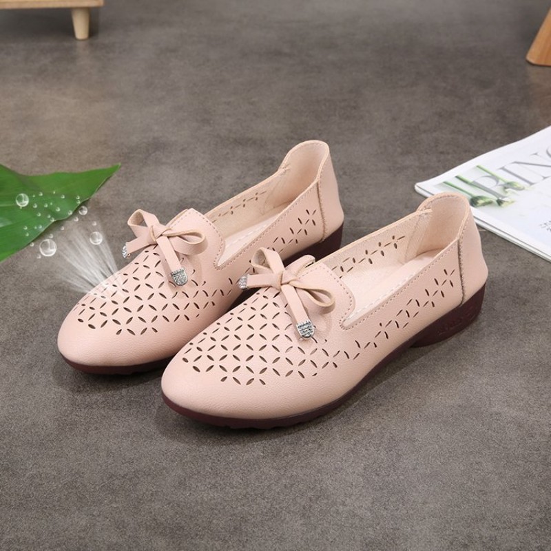 Breathable High Quality Hollow Bow Tie Flat Shoes - Pink image
