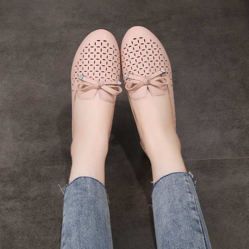 Breathable High Quality Hollow Bow Tie Flat Shoes - Pink image