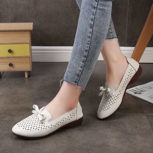 Breathable High Quality Hollow Bow Tie Flat Shoes - White image