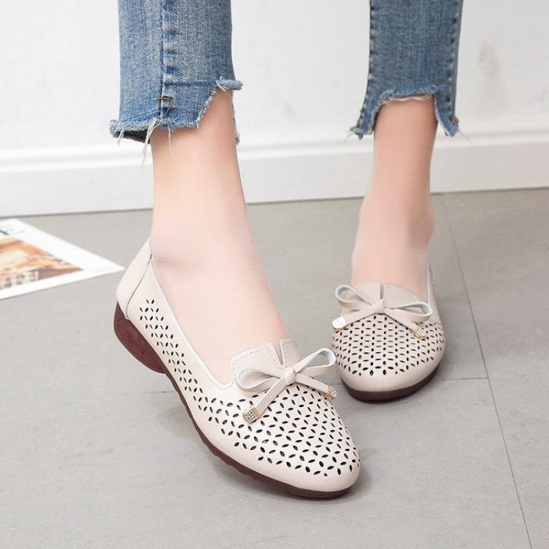 Breathable High Quality Hollow Bow Tie Flat Shoes - White image