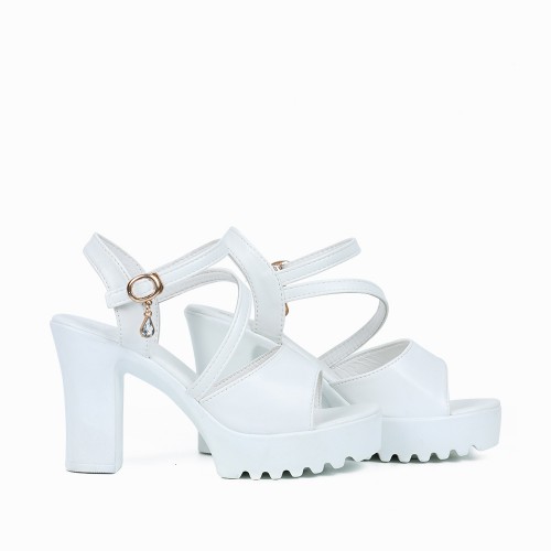 Fish Mouth Buckle Closure Chunky Heel for Women - White image