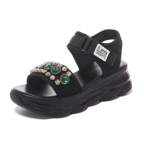 Open Toe Rhinestone Decorative Strap Women's Sandals - Black image