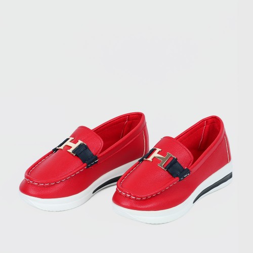 Belt Buckle Round Toe Platform Women's Loafers Shoes - Red image