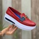 Belt Buckle Round Toe Platform Women's Loafers Shoes - Red image