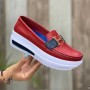 Belt Buckle Round Toe Platform Women's Loafers Shoes - Red
