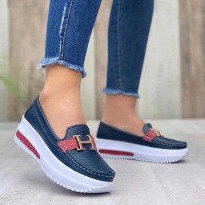 Belt Buckle Round Toe Platform Women's Loafers Shoes - Blue