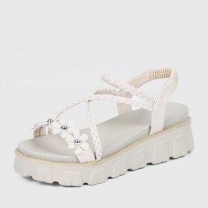 Flower Decorated Braided Belted Sandals for Ladies - Beige