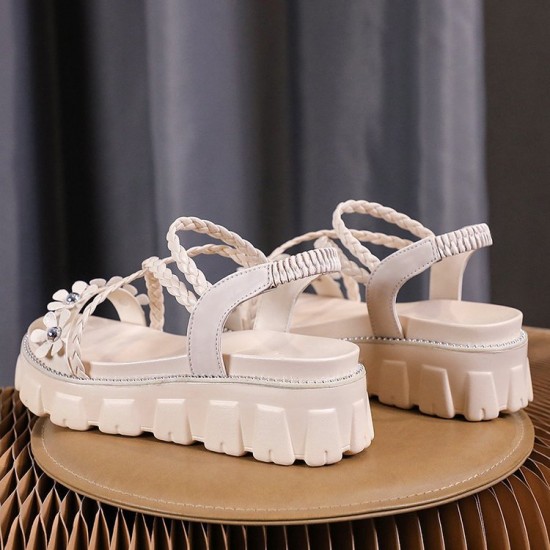 Flower Decorated Braided Belted Sandals for Ladies - Beige image