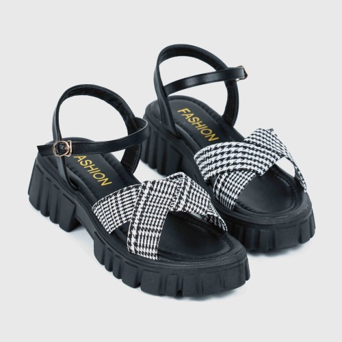 Buckle Closure Braid Print Strap Square Heel Sandals for Women - Black image