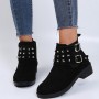 Women’s Rivets Studded Buckle Closure Suede Ankle Boots – Black