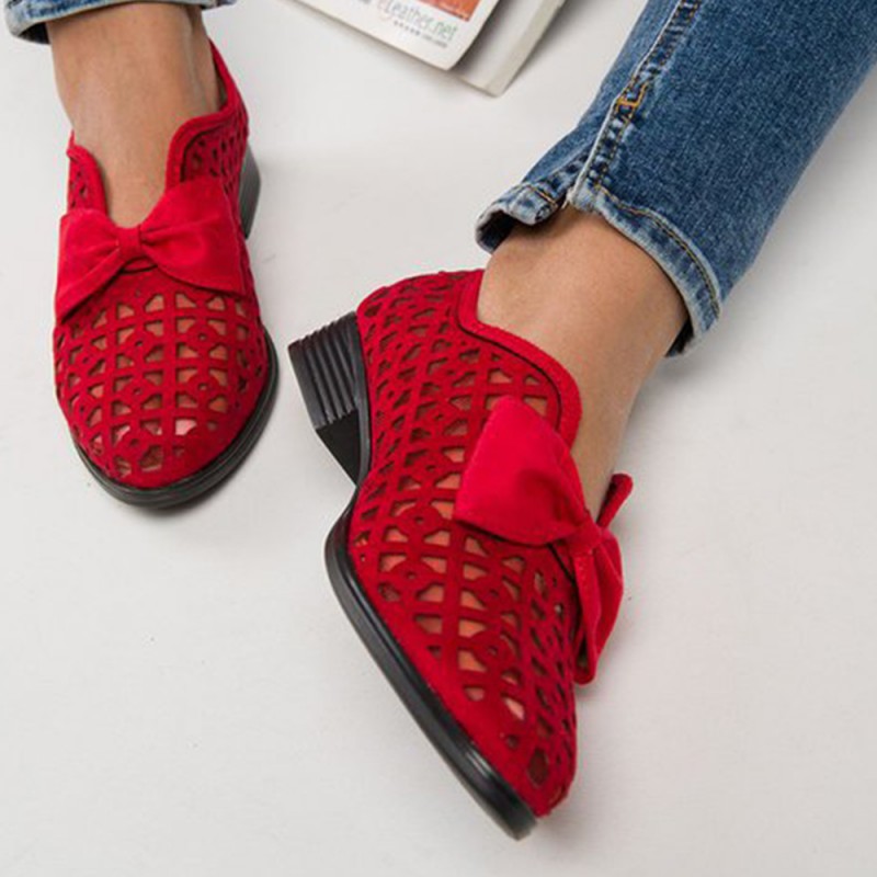 Bowknot Rubber Sole Slip On Loafers for Women - Red image