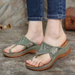 Floral Embroidered Wedge Women Slippers - Green