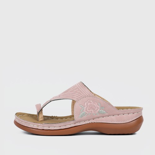 Floral Embroidered Wedge Women Slippers - Pink image