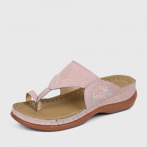 Floral Embroidered Wedge Women Slippers - Pink