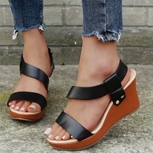 Open Toe Cross Strap Women’s Wedge Sandals - Black