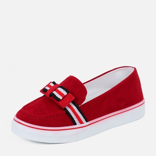 Bowknot Low Heel Round Toe Slip On Women’s Loafers - Red image