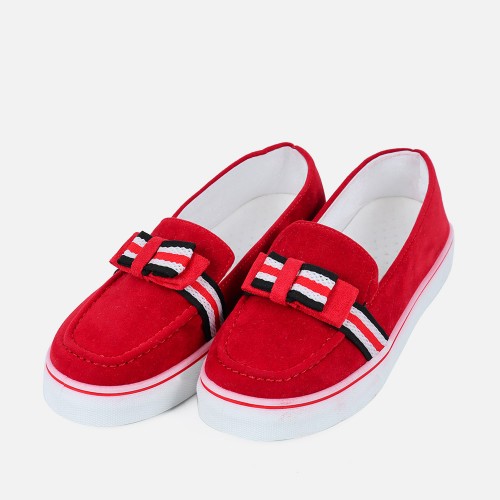 Bowknot Low Heel Round Toe Slip On Women’s Loafers - Red image