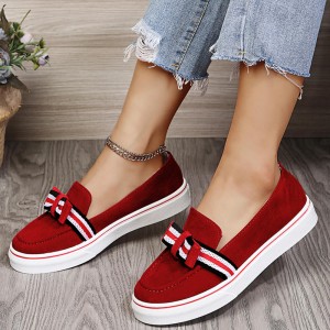 Bowknot Low Heel Round Toe Slip On Women’s Loafers - Red