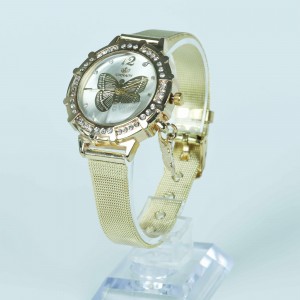 Diamond Studded Fashion Butterfly Pendant Women’s Wristwatch - Gold