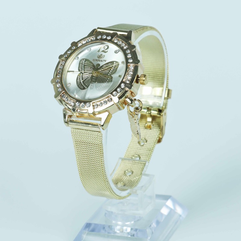 Diamond Studded Fashion Butterfly Pendant Women’s Wristwatch - Gold image