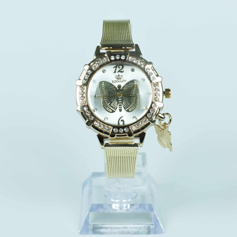 Diamond Studded Fashion Butterfly Pendant Women’s Wristwatch - Gold image