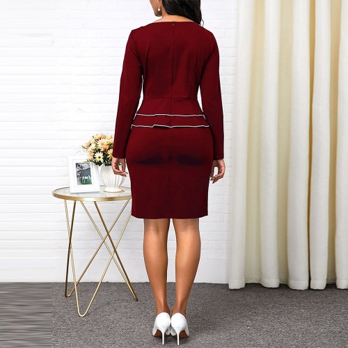 Women’s Classic Long Sleeve Peplum Midi Dress - Red image