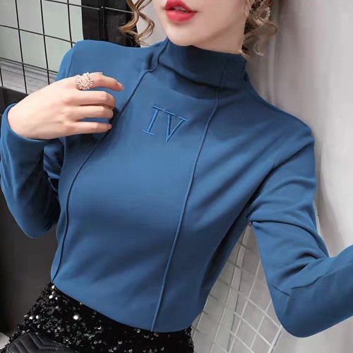 High Neck Full Sleeved Sweet Shirt for Women - Blue image