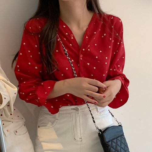 Elegant Style Hearts Printed Chic Loose Blouse - Red image